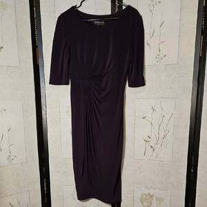 Connected Apparel Purple Midi Sheath Dress with 3/4 Sleeves and Crew Neck